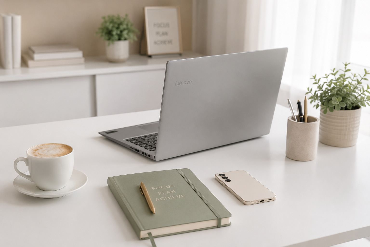 Scrivania ordinata con laptop, agenda e caffè, simbolo di organizzazione